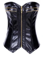 Women’s Black Overbust Faux Leather Corset with Front Zip Bustier & Gold Zipper | MASTER